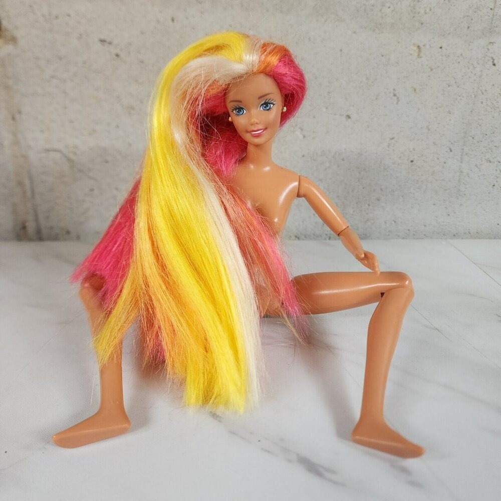 1996 BARBIE DOLL ultra long PINK YELLow RAINBOW HULA HAIR JOINTED legs